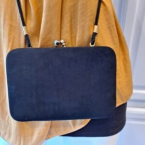 Vintage Black Satin Crossbody Clutch with Gold Accents